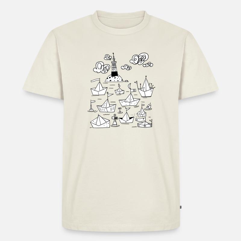 Papierschiffchen mit Leuchtturm - Männer Premium Bio T-Shirt - Naturweiß