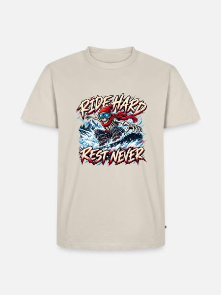 Skelett-Snowboarder fährt Hard Rest Never - Männer Premium Bio T-Shirt - Beige