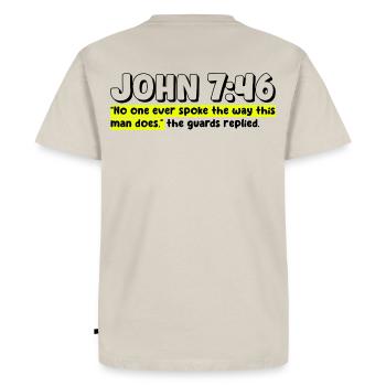 John 7:46 | Bible Quote - Men's Premium Organic T-Shirt - beige - Back - AI Model Male 185 dark (185cm)