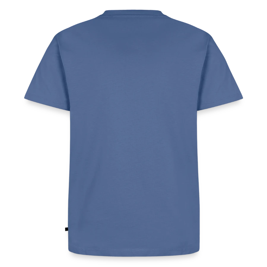 Salt Harbour badge on a men's premium organic t-shirt, stone blue, back