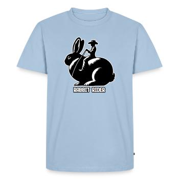 Rabbit Rider (text light - with outline, 3-Color) - Men's Premium Organic T-Shirt - light blue - Front - Nico (187cm)