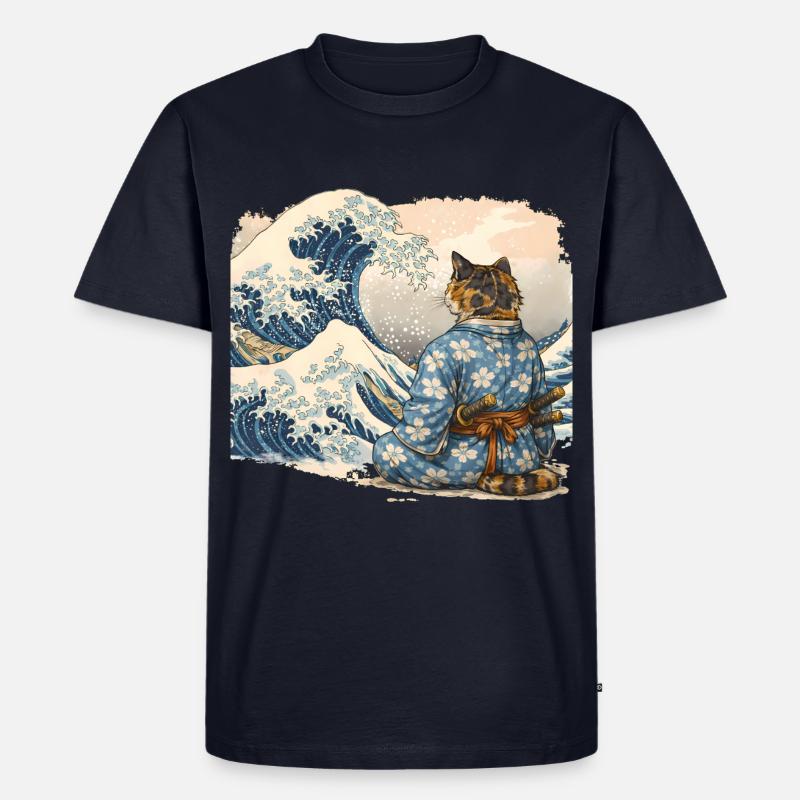 Samurai Cat Wave japanischer Ukiyo-e-Stil - Männer Premium Bio T-Shirt - Navy