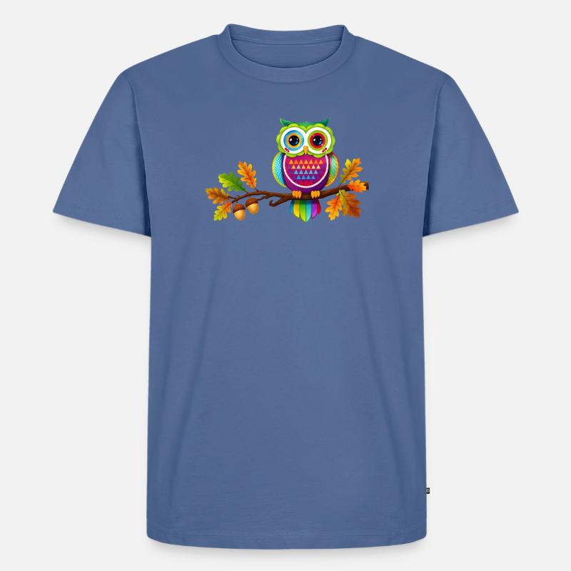 Bunte Eule auf Ast mit Herbstblättern - Männer Premium Bio T-Shirt - Taubenblau