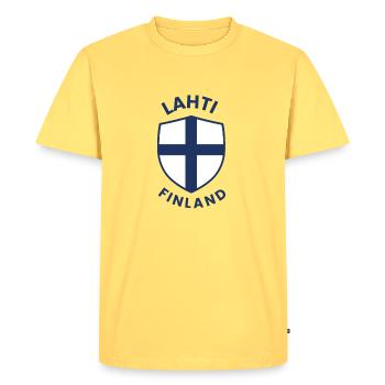 Lahti Finland Shield Emblem - Men's Premium Organic T-Shirt - sky yellow - Front - AI Model Male 185 dark (185cm)
