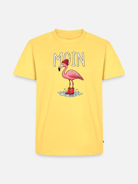 Winterflamingo mit Beanie und Stiefeln - Männer Premium Bio T-Shirt - Pastellgelb
