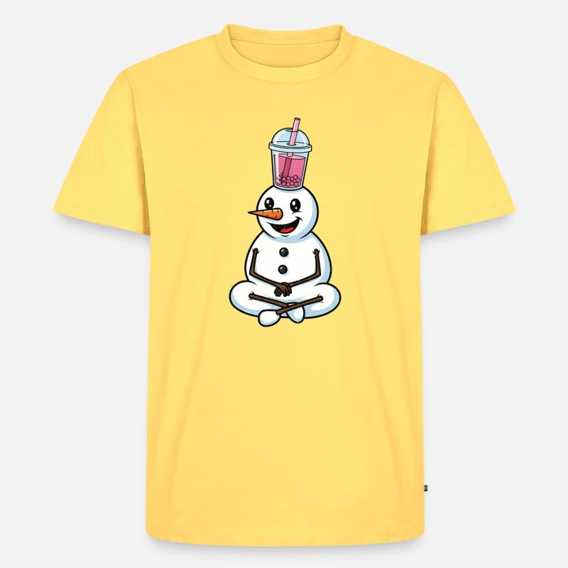 Schneemann mit Bubble Tea - Männer Premium Bio T-Shirt - Pastellgelb