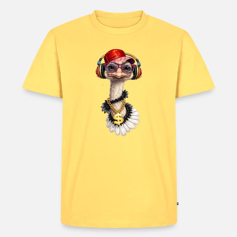 Cooler Strauß mit Kopfhörern  - Männer Premium Bio T-Shirt - Pastellgelb