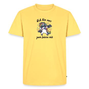 Ich bin nur zum Feiern mit – Einhorn JGA schwarz - Männer Premium Bio T-Shirt - Pastellgelb - Vorne - AI Model Male 185 dark (185cm)