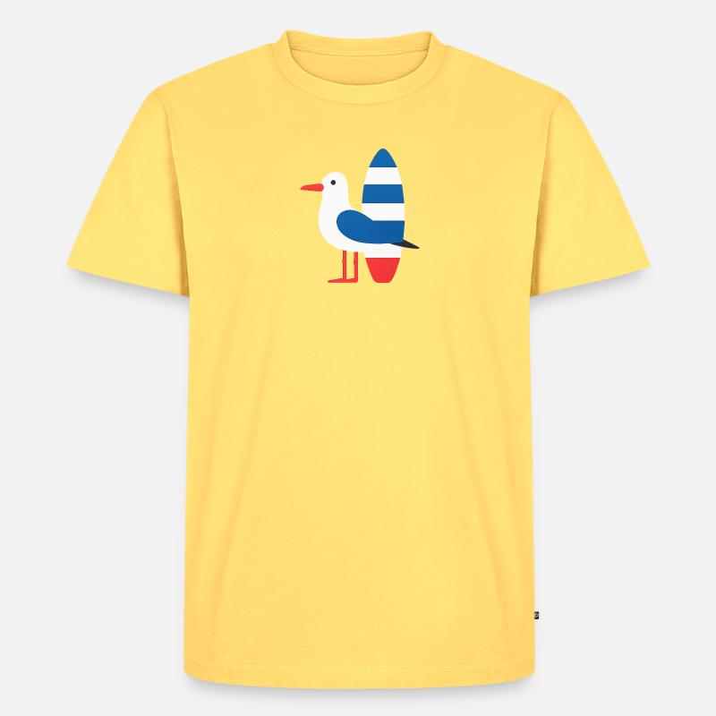 Möwe mit Surfbrett - Männer Premium Bio T-Shirt - Pastellgelb