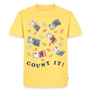 Montant d’argent en billets et pièces en euros, foncé - T-shirt Premium bio Homme - jaune pastel - Devant - AI Model Male 185 dark (185cm)