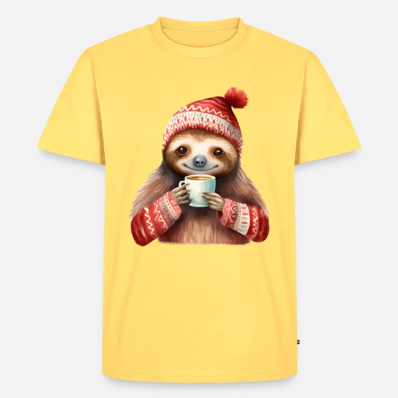Winter-Sloth mit Kaffeebecher - Männer Premium Bio T-Shirt - Pastellgelb