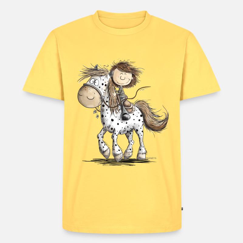 Drolliges Pferd mit Reiter Cartoon Pferdchen - Männer Premium Bio T-Shirt - Pastellgelb