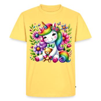 Licorne arc-en-ciel Floral Dream - T-shirt Premium bio Homme - jaune pastel - Devant - AI Model Male 185 dark (185cm)