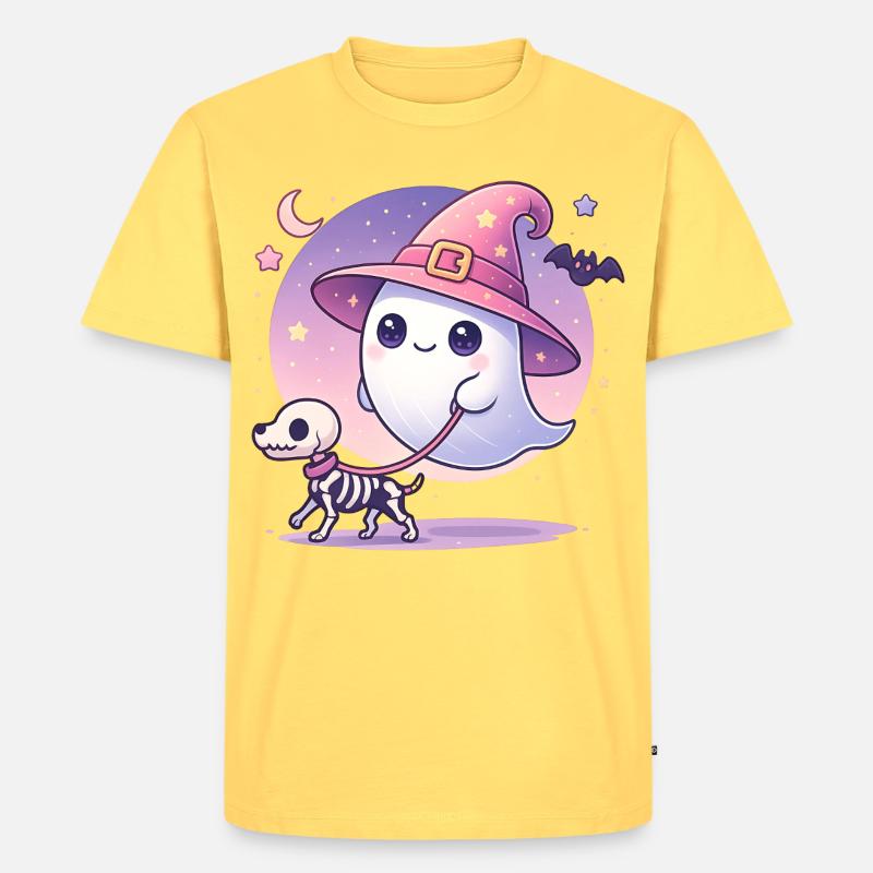 Pinker Hexen‑Geist mit Skelett‑Hund – Halloween - Männer Premium Bio T-Shirt - Pastellgelb