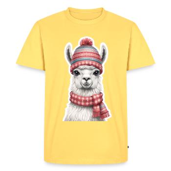 Winter Llama with Knitted Hat and Scarf - Men's Premium Organic T-Shirt - sky yellow - Front - AI Model Male 185 dark (185cm)