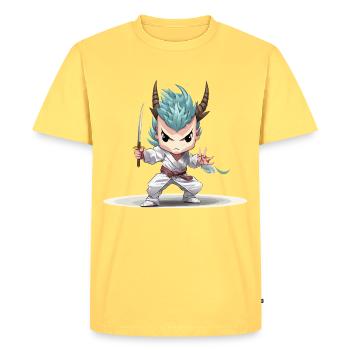 Chibi Warrior with Katana - Men's Premium Organic T-Shirt - sky yellow - Front - AI Model Male 185 dark (185cm)