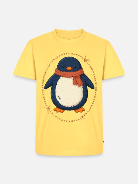 Pinguin Mit Schal Wintermotiv - Männer Premium Bio T-Shirt - Pastellgelb