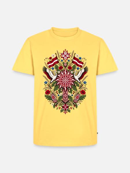 Lettland | Volkskunst, Störche & Eichen - Männer Premium Bio T-Shirt - Pastellgelb