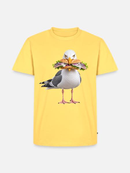 Silbermoewe-mit-Fischbroetchen Möwe - Männer Premium Bio T-Shirt - Pastellgelb