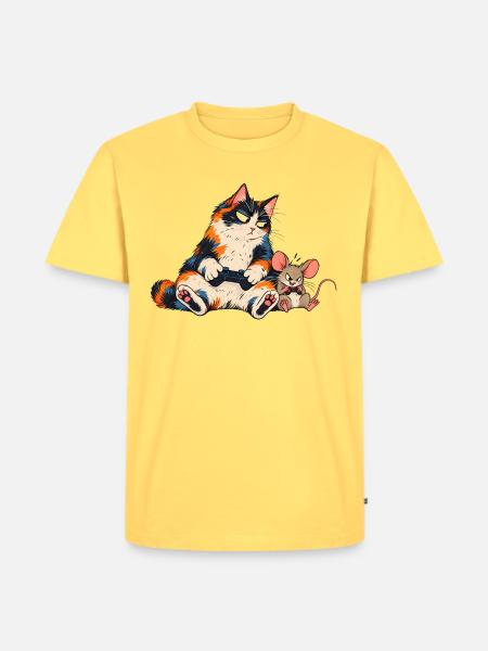 Katze und Maus beim Gaming - Männer Premium Bio T-Shirt - Pastellgelb