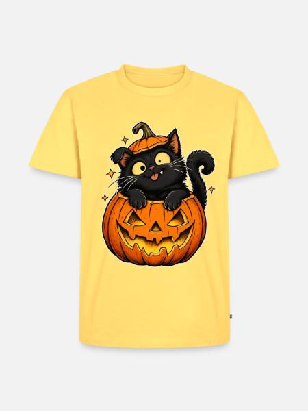 Kater Halloween Kürbiszauber - Männer Premium Bio T-Shirt - Pastellgelb
