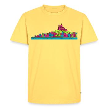 Marseille City Skyline Basilica Modern Line Art - Men's Premium Organic T-Shirt - sky yellow - Front - AI Model Male 185 dark (185cm)