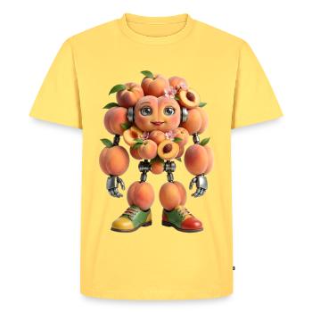 Cute Peach Fruit Robot with Flowers - Men's Premium Organic T-Shirt - sky yellow - Front - AI Model Male 185 dark (185cm)