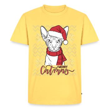 Chat Sphynx Noël Écharpe Bonnet - T-shirt Premium bio Homme - jaune pastel - Devant - AI Model Male 185 dark (185cm)