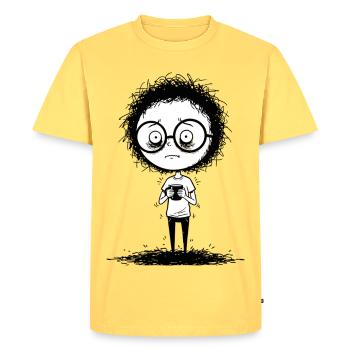 Gamer timide à lunettes, visage expressif - T-shirt Premium bio Homme - jaune pastel - Devant - AI Model Male 185 dark (185cm)