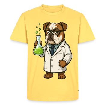 Un scientifique bouledogue tenant une fiole de chimie dessin animé - T-shirt Premium bio Homme - jaune pastel - Devant - AI Model Male 185 dark (185cm)