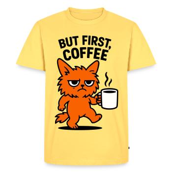 But first coffee cat - Men's Premium Organic T-Shirt - sky yellow - Front - AI Model Male 185 dark (185cm)