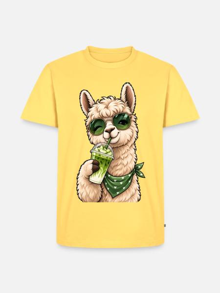 Süßes Lama mit Matcha Latte - Männer Premium Bio T-Shirt - Pastellgelb