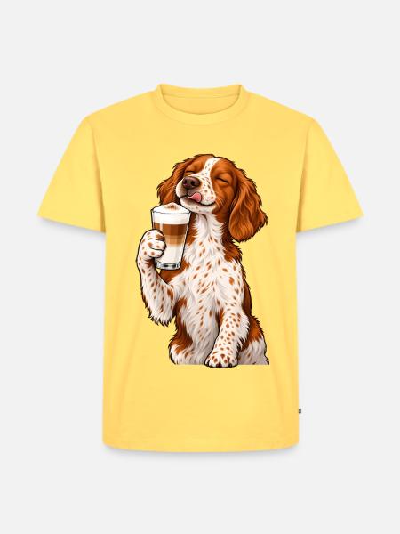 Bretonischer Spaniel mit Latte Macchiato - Männer Premium Bio T-Shirt - Pastellgelb