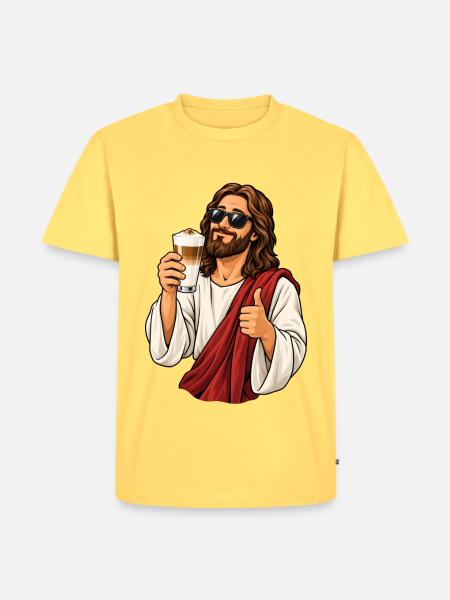 Jesus mit Latte Macchiato - Männer Premium Bio T-Shirt - Pastellgelb