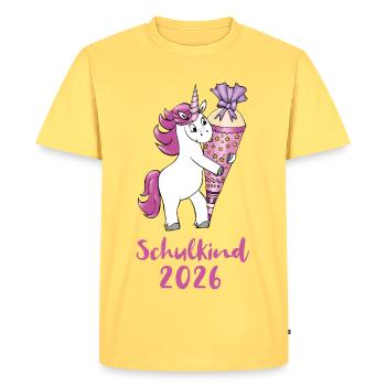 Unicorn with Sugar Cone School Enrollment School Child 2026 - Men's Premium Organic T-Shirt - sky yellow - Front - AI Model Male 185 dark (185cm)