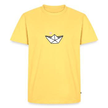 Bateau à voile en origami - T-shirt Premium bio Homme - jaune pastel - Devant - AI Model Male 185 dark (185cm)