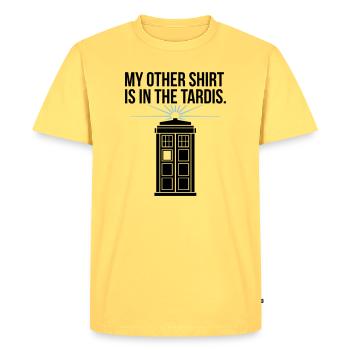 My other shirt is in the Tardis - T-shirt Premium bio Homme - jaune pastel - Devant - AI Model Male 185 dark (185cm)