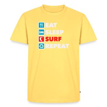 Manger, dormir, surfer, répéter - T-shirt Premium bio Homme - jaune pastel - Devant - AI Model Male 185 dark (185cm)