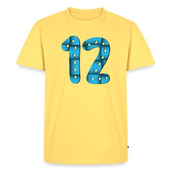 12e anniversaire - Numéro 12 - DOUZE - DOUZE ANS - T-shirt Premium bio Homme - jaune pastel - Devant - AI Model Male 185 dark (185cm)