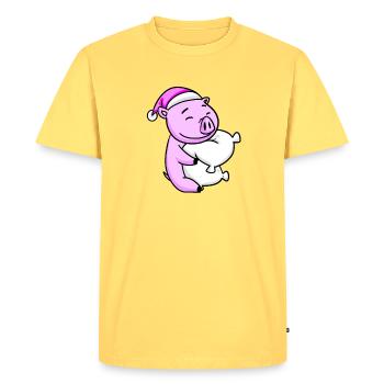Cochon avec oreiller et bonnet de couchage - T-shirt Premium bio Homme - jaune pastel - Devant - AI Model Male 185 dark (185cm)