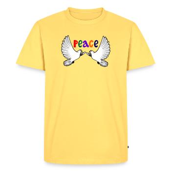 Deux colombes blanches de la paix avec le texte coloré PAIX - T-shirt Premium bio Homme - jaune pastel - Devant - AI Model Male 185 dark (185cm)