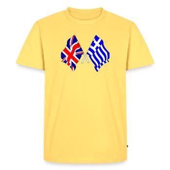 Flag England, flag Greece - Men's Premium Organic T-Shirt - sky yellow - Front - AI Model Male 185 dark (185cm)