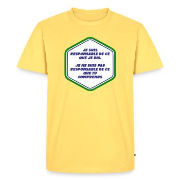 Je suis responsable de ce que je dit - T-shirt Premium bio Homme - jaune pastel - Devant - AI Model Male 185 dark (185cm)