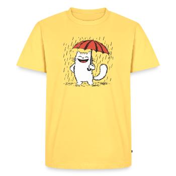 Happy cat Under Rain - Men's Premium Organic T-Shirt - sky yellow - Front - AI Model Male 185 dark (185cm)