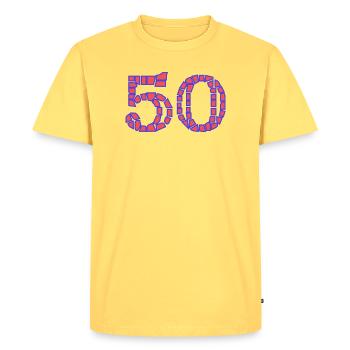 50. 50 ANS. 50e ANNIVERSAIRE. ANNIVERSAIRE 50 ANS. - T-shirt Premium bio Homme - jaune pastel - Devant - AI Model Male 185 dark (185cm)