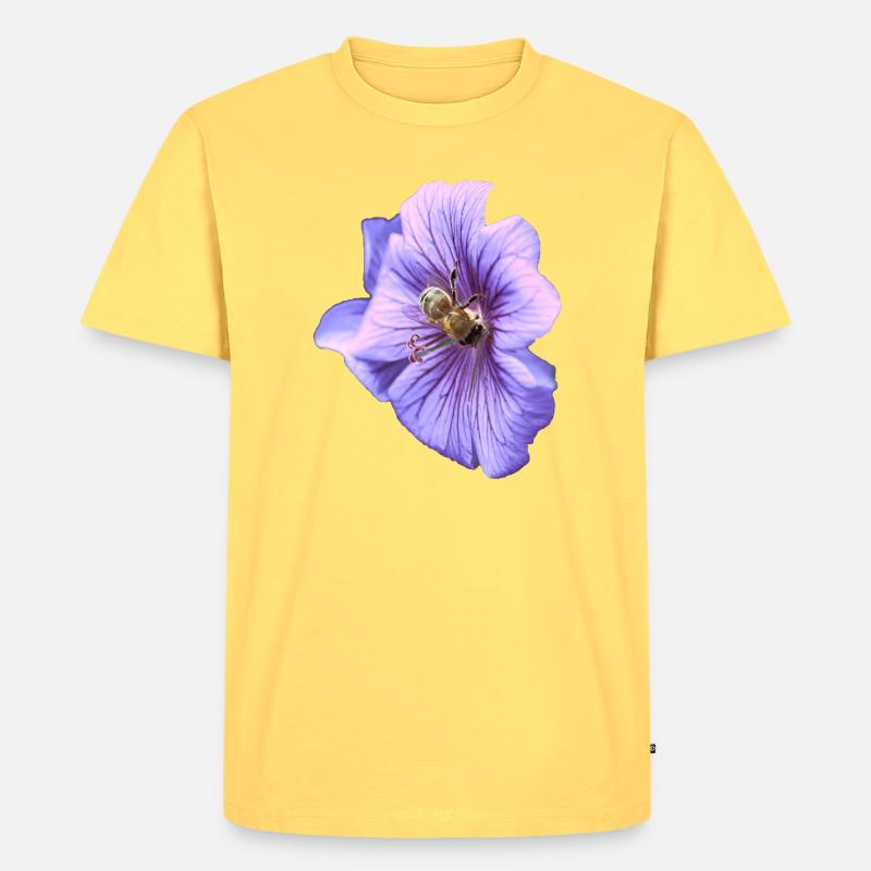 Violette Blüte mit Biene - Männer Premium Bio T-Shirt - Pastellgelb