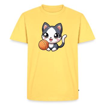 Chaton kawaii noir et blanc avec pelote - T-shirt Premium bio Homme - jaune pastel - Devant - AI Model Male 185 dark (185cm)