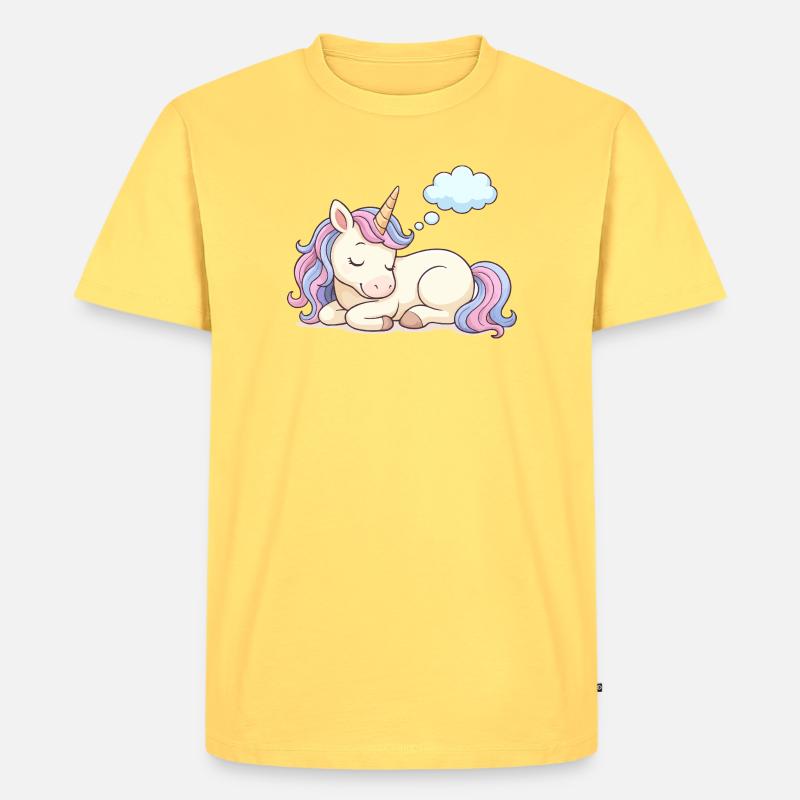 Schlafendes Einhorn mit Regenbogenmähne - Männer Premium Bio T-Shirt - Pastellgelb