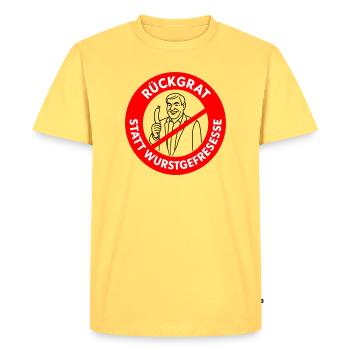 Colonne vertébrale au lieu de manger des saucisses ! COULEURS SOUHAITÉES Bande dessinée - T-shirt Premium bio Homme - jaune pastel - Devant - AI Model Male 185 dark (185cm)