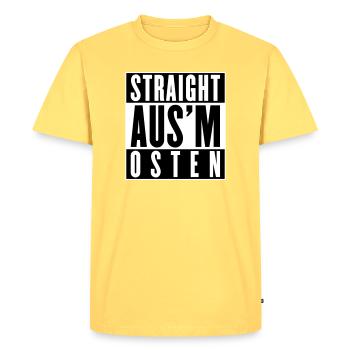 Tout droit venu de l’Est (les couleurs peuvent être modifiées) - T-shirt Premium bio Homme - jaune pastel - Devant - AI Model Male 185 dark (185cm)